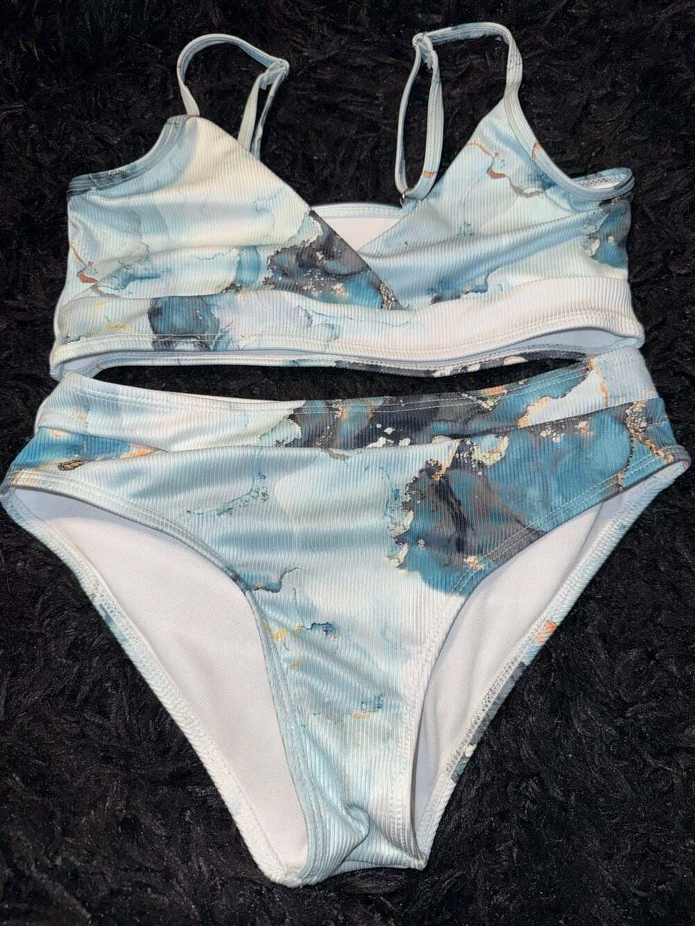 SHEIN Blue Marble Print Ribbed Bikini Girls Set Size 150
